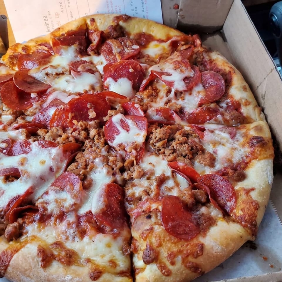 Large pepperoni and sausage pizza with melted cheese in an open cardboard box inside a car.