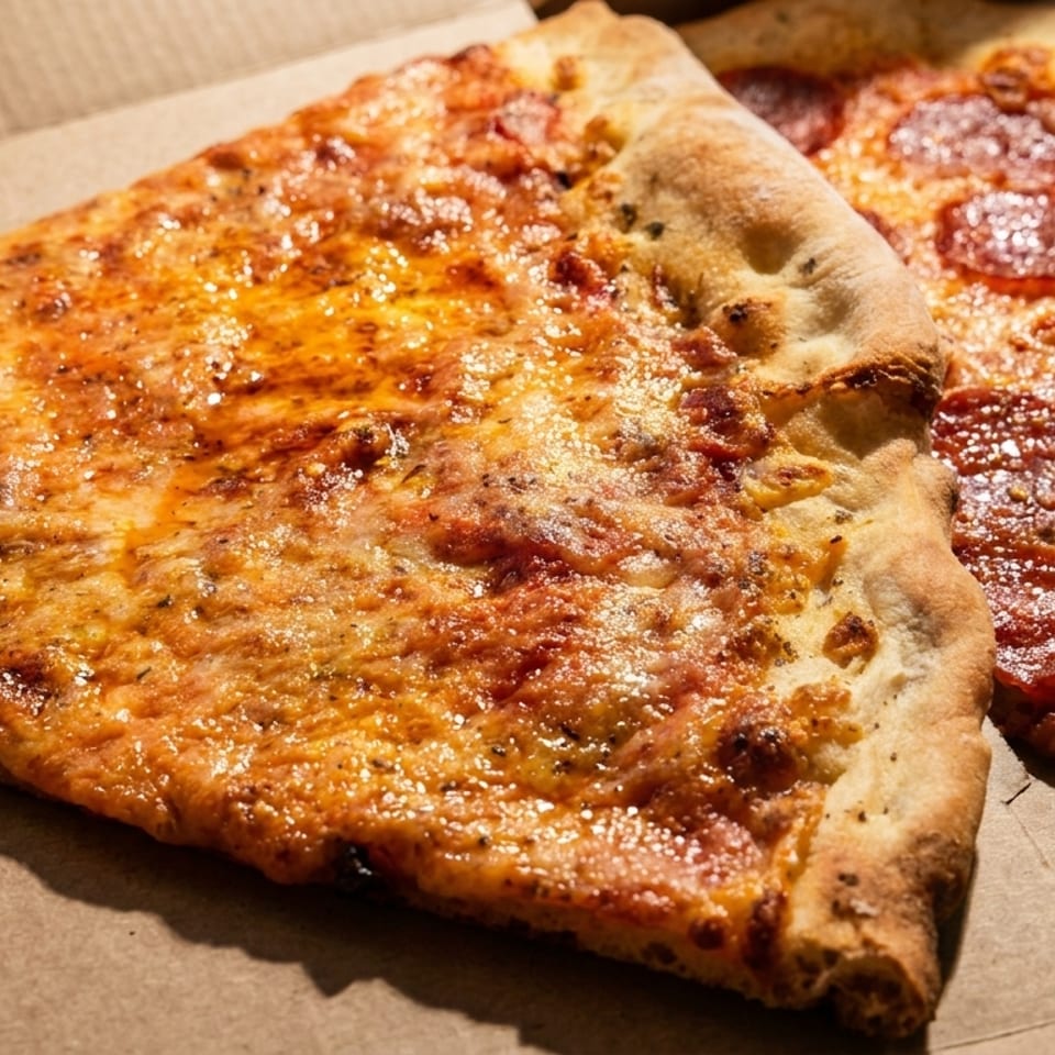 Two rectangular pizzas on cardboard, one cheese-covered and one topped with pepperoni slices.