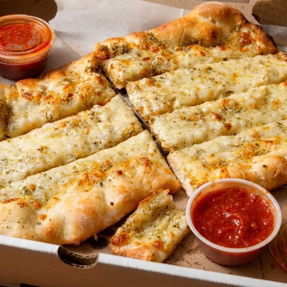 Box of cheesy garlic breadsticks cut into pieces, served with two cups of red marinara dipping sauce.