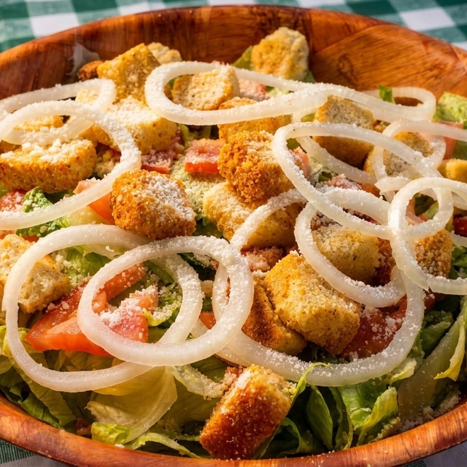 Wooden bowl of green salad topped with croutons, fried toppings, onion rings, tomatoes, and grated cheese on a checkered tablecloth.