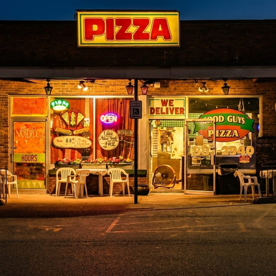 Nighttime view of a brightly lit Good Guys Pizza storefront with outdoor seating, delivery signage, and neon window displays.