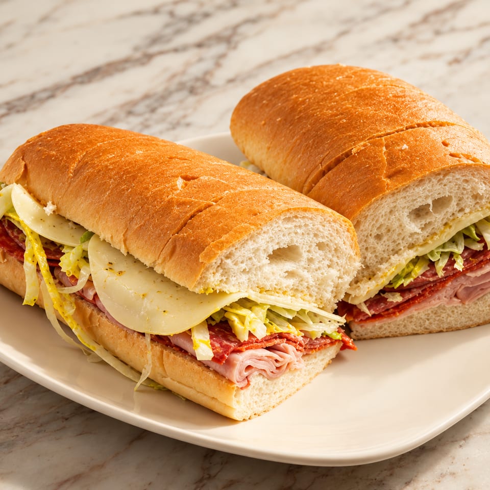 Two Italian sub sandwiches with cured meats, cheese, shredded lettuce, and dressing on a white plate.