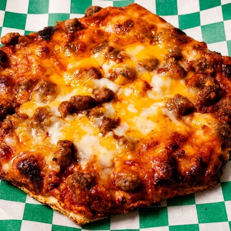 Thick square pepperoni and sausage pizza with melted cheese on green-and-white checkered paper.