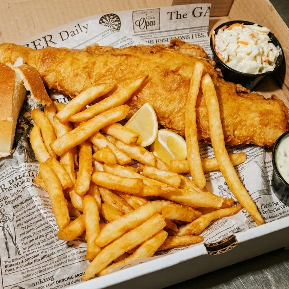 Beer-battered fish and fries with lemon wedges, tartar sauce, coleslaw, and a bread roll served in a cardboard box.