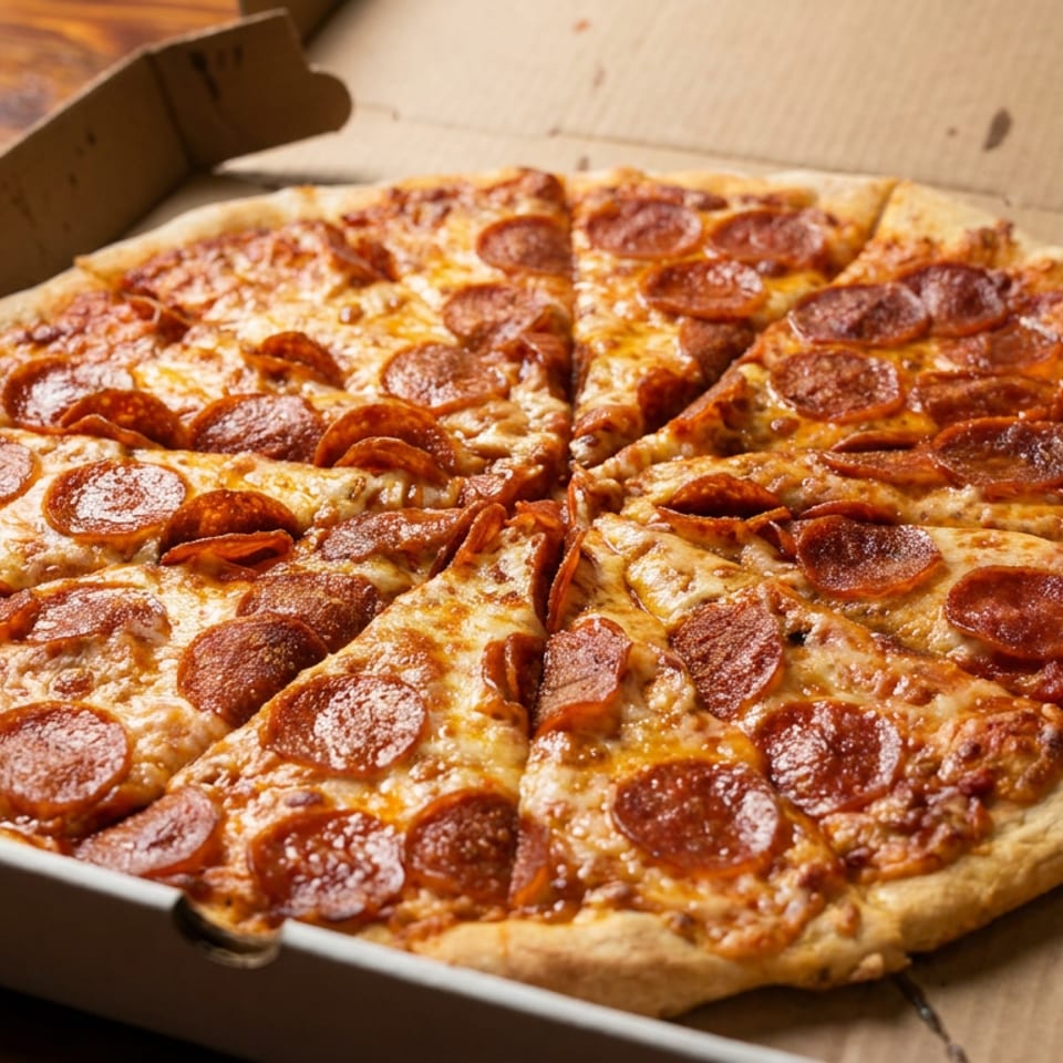 Sliced pepperoni pizza with melted cheese in an open cardboard delivery box on a wooden table.