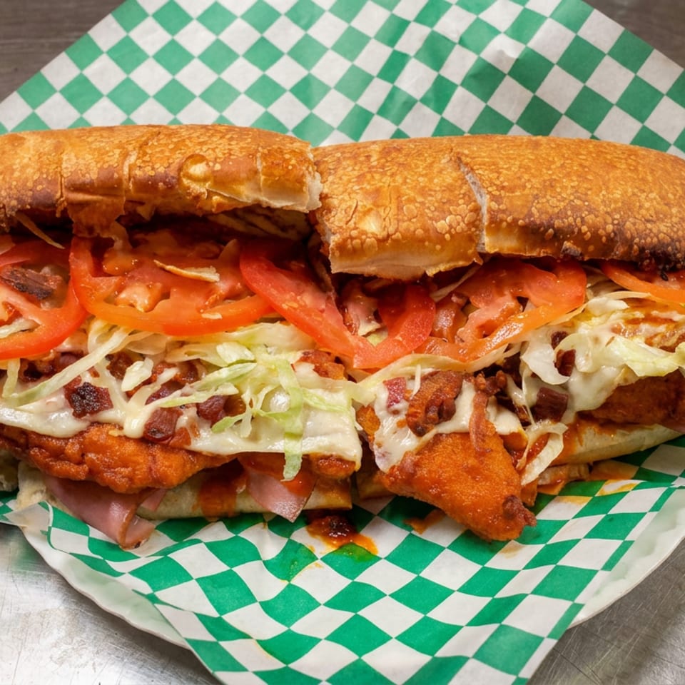 Loaded toasted sub sandwich with melted cheese, lettuce, tomatoes, bacon, and fried chicken on green-checkered paper.