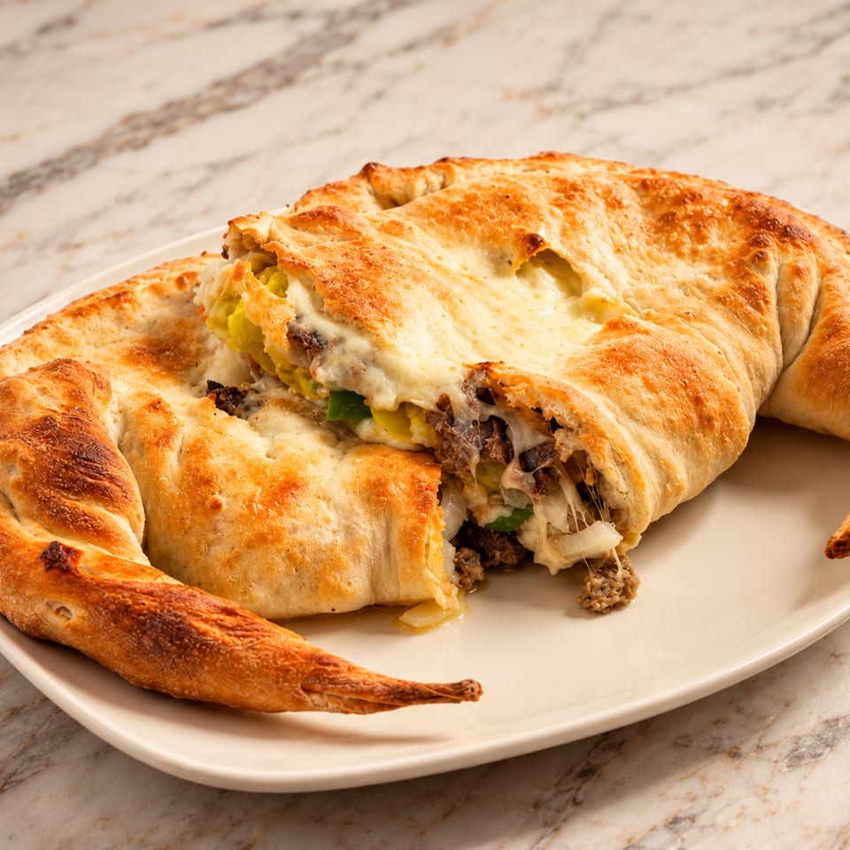 Golden-brown, cheese-filled braided calzone sliced open on a white plate atop a marble countertop.