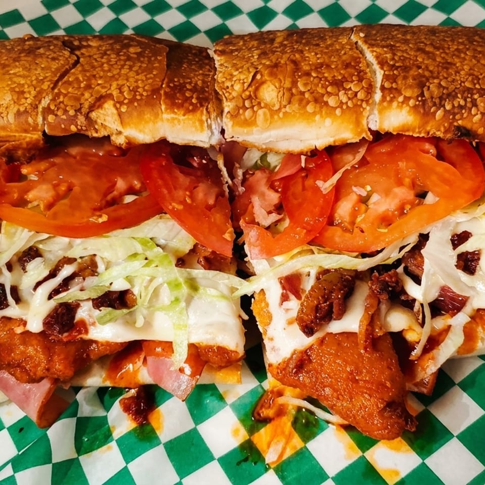 Loaded toasted sub sandwich with crispy chicken, bacon, ham, lettuce, tomatoes, onions, pickles, and creamy sauce on checkered paper.